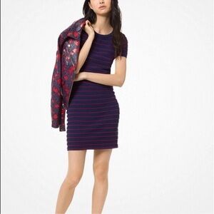 MICHAEL KORS Navy Blue Red Scallop Textured Bodycon Mini Dress Size XS‎ NWT